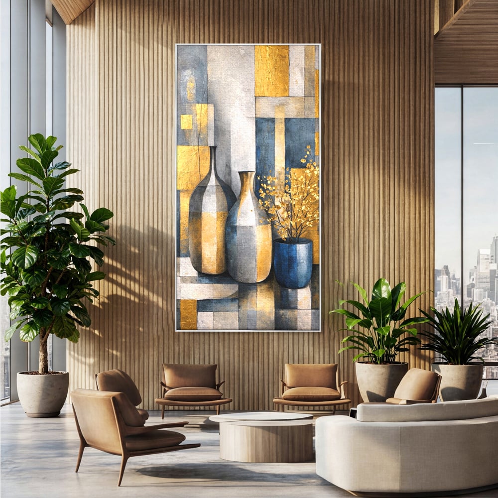 Tablou canvas cu pictura abstracta cu vaze si flori aurite, in rama de aluminiu argintiu, pe perete intr-un birou